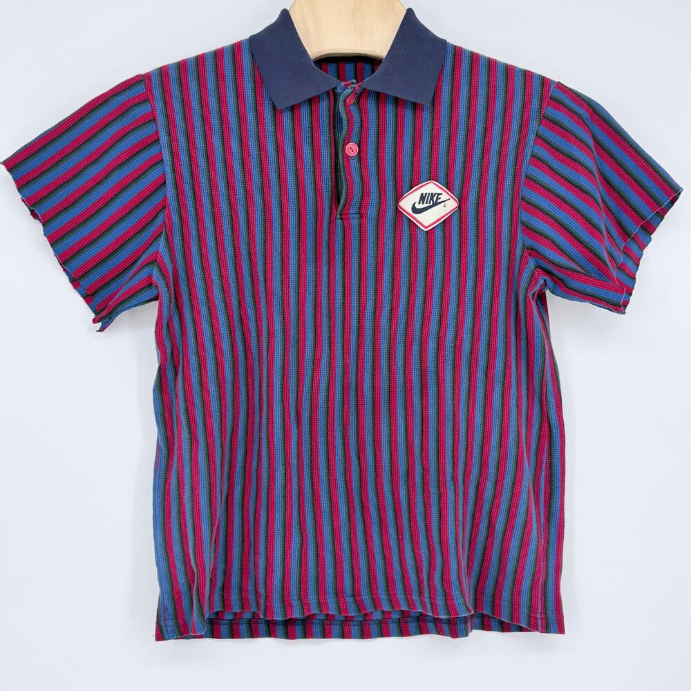 vintage Nike Polo Shirt Vertical Multi-color Stripe Pattern Retro Logo Patch